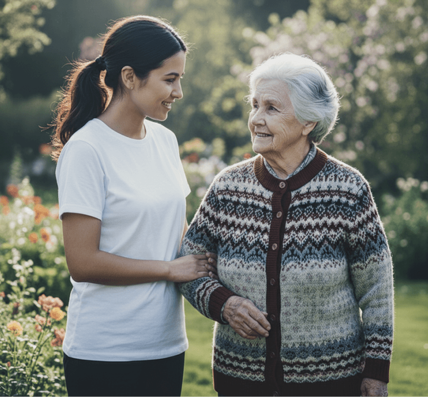 An elderly person receiving care from a caregiver in a home setting