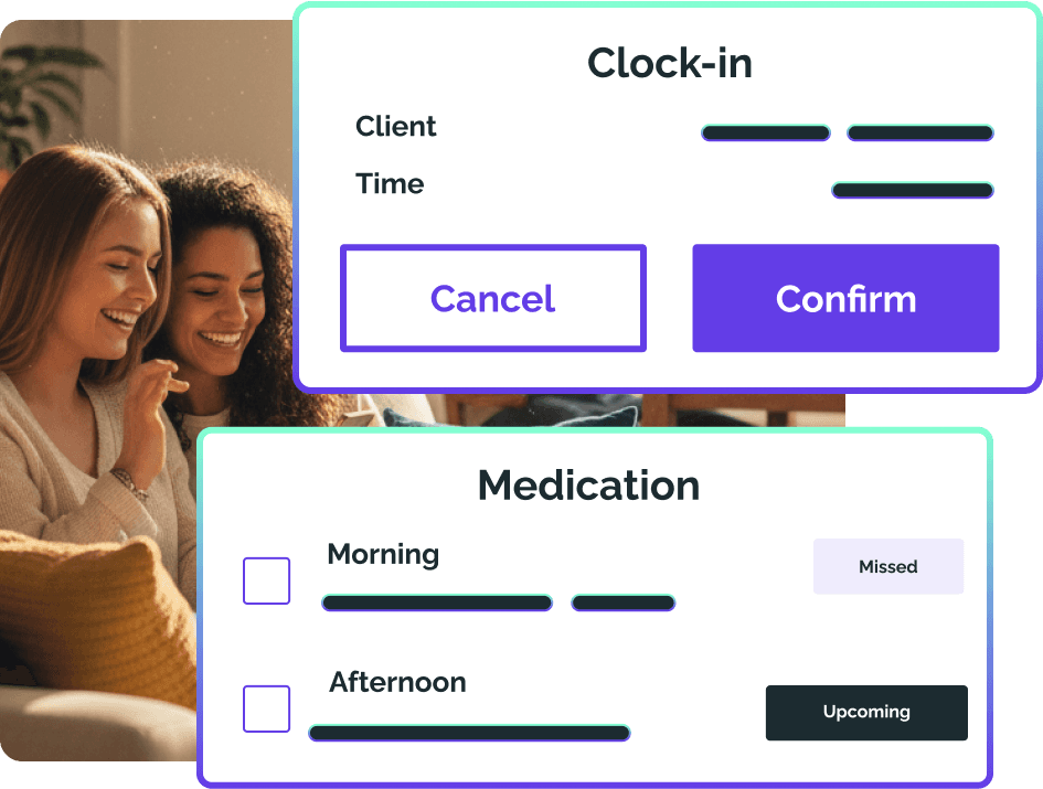day_care_services_hero — A care worker smiling with a client while a mobile app displays a clock-in screen and medication schedule, representing OneTouch day care services software