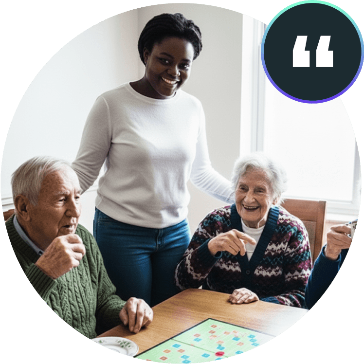 A care professional sharing a testimonial about digital care plans, shown in a circular portrait