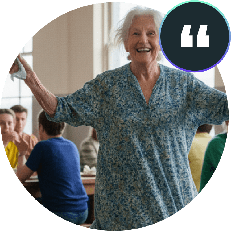 Two elderly people in a care scenario with a testimonial quote overlay