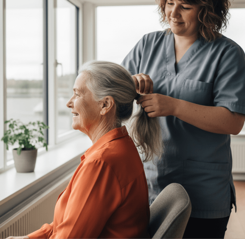 A healthcare worker assisting an elderly person with medication, representing medication management features
