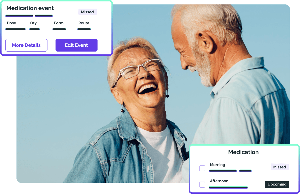 A caregiver gently holding an elderly person's hands, representing medication management hero image