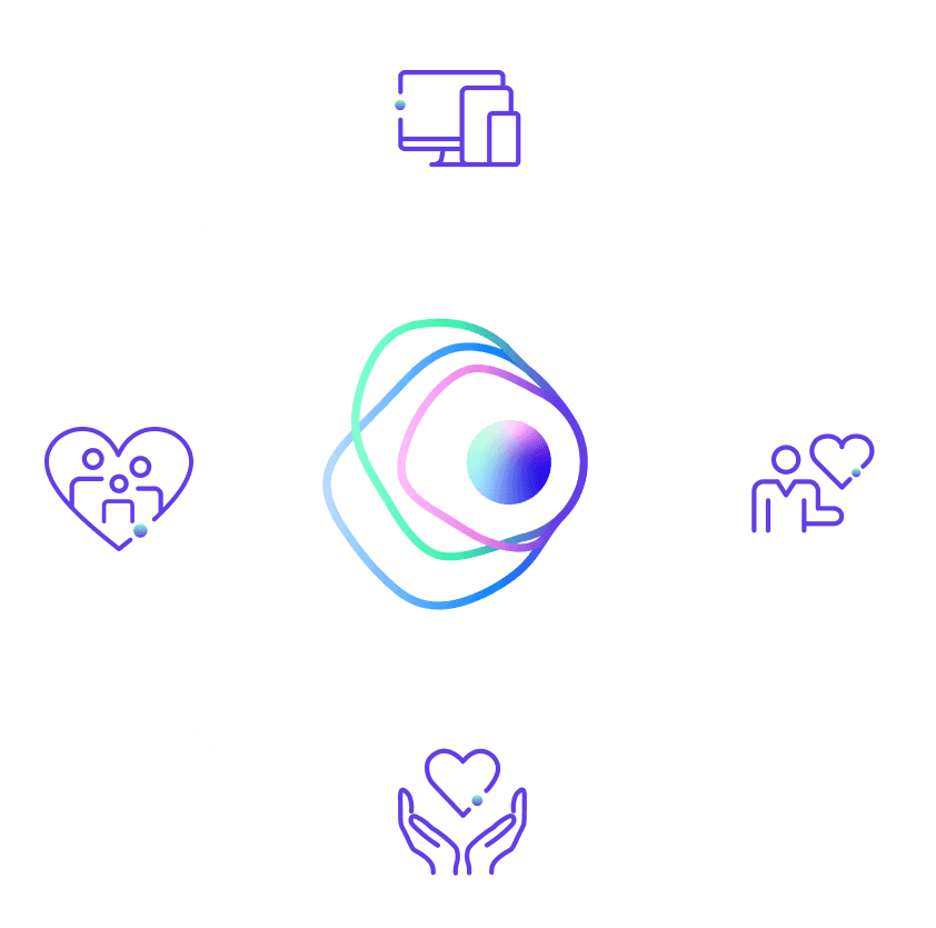 Abstract circular graphic with care icons representing a care management transformation call-to-action