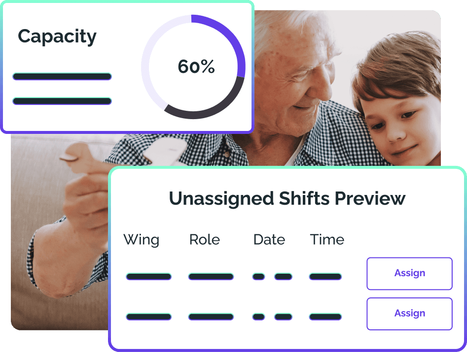 OneTouch software dashboard showing an unassigned shifts preview for residential care scheduling