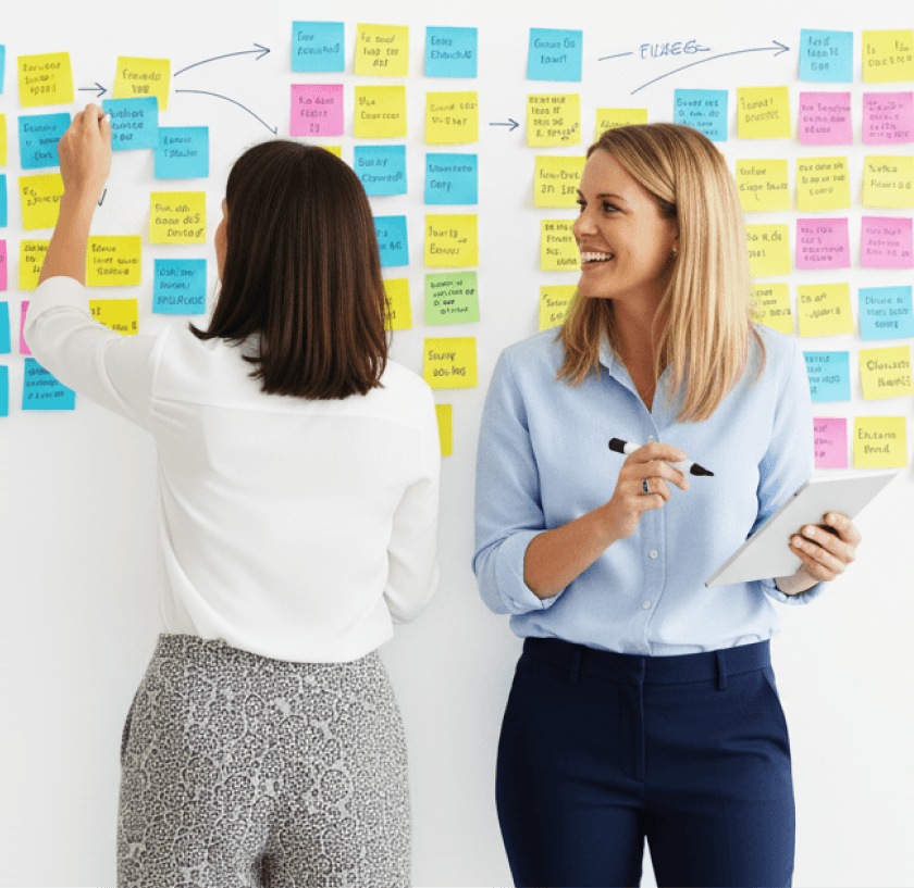 A colourful wall of sticky notes representing scheduling and rostering planning features
